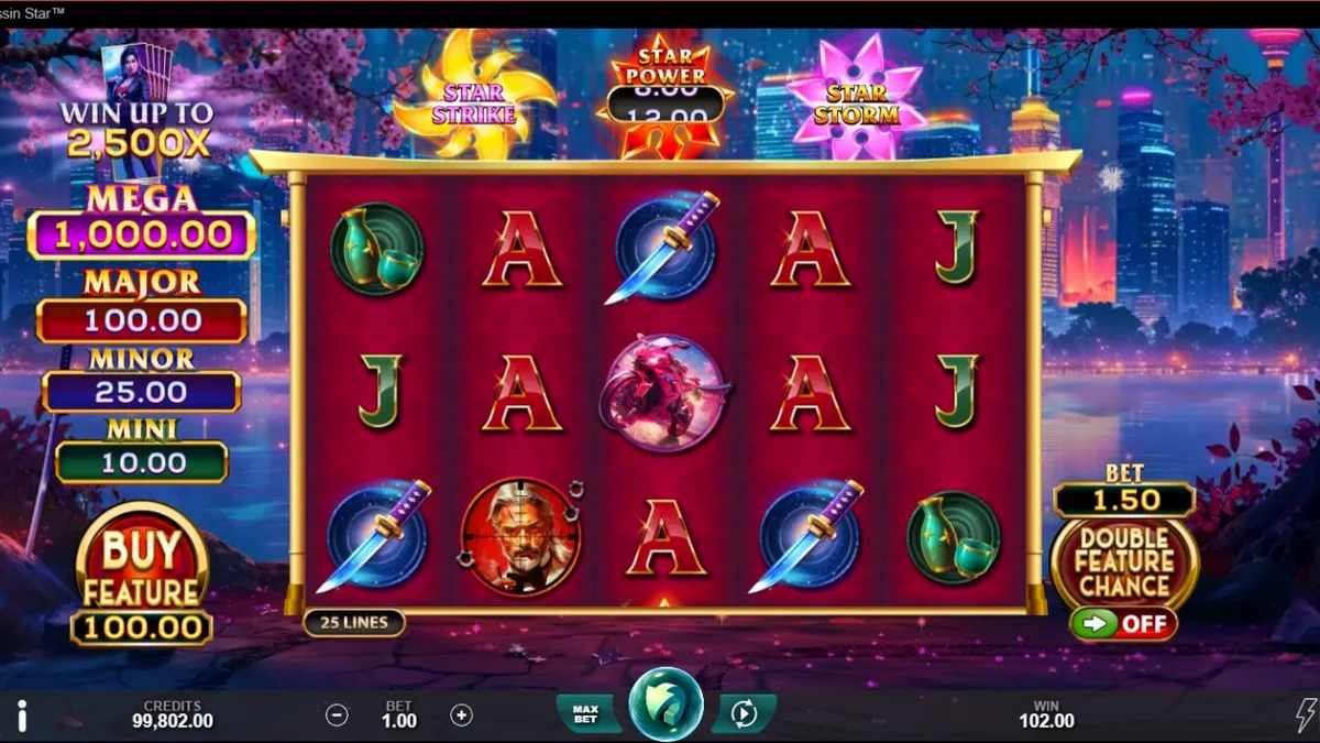 Tampilan visual slot Assassin Star dengan latar belakang kota neon Jepang