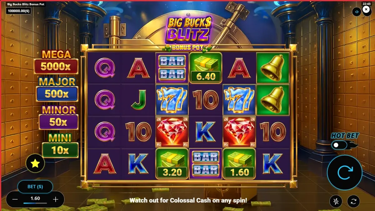Tampilan visual slot Big Bucks Blitz Bonus Pot dengan tema brankas bank mewah dan simbol emas.