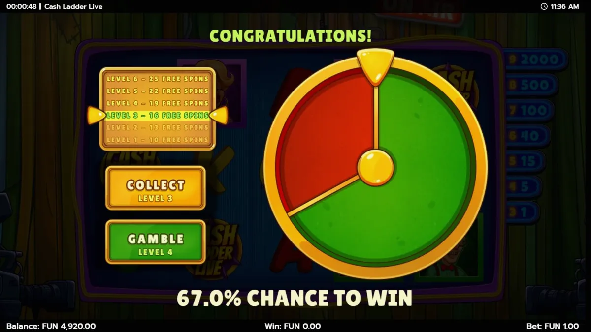 Tampilan visual studio televisi yang glamor dalam slot Cash Ladder Live