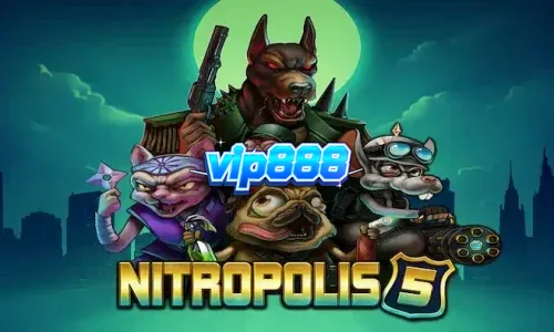 Tampilan visual intens dari slot Nitropolis 5 dengan latar belakang kota yang terbakar.